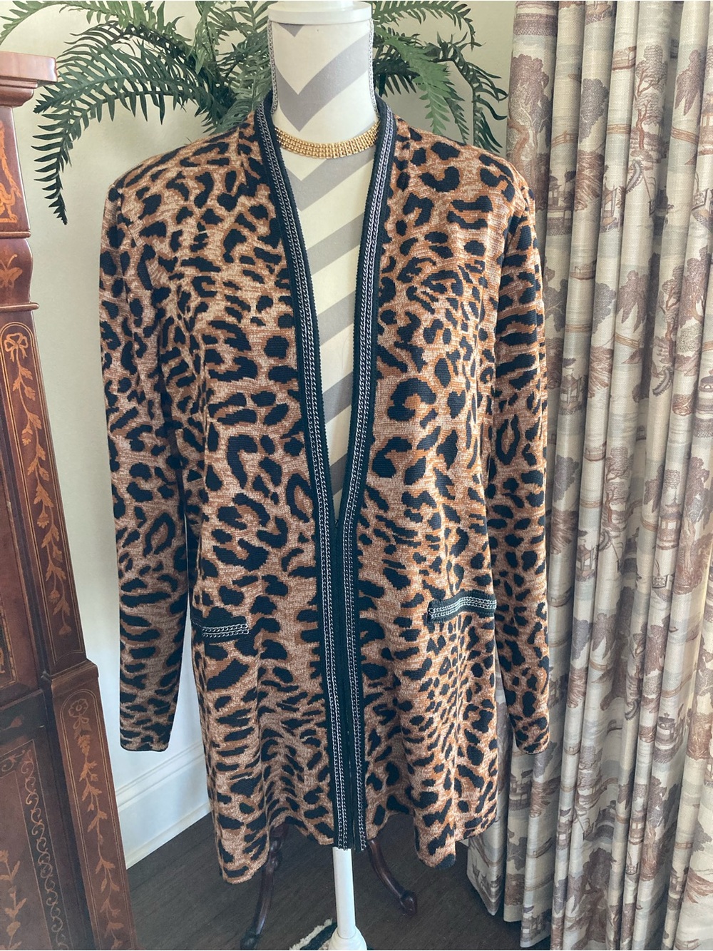 Misook Leopard Print Knit Open Front Cardigan Sweater Brown/Black XL